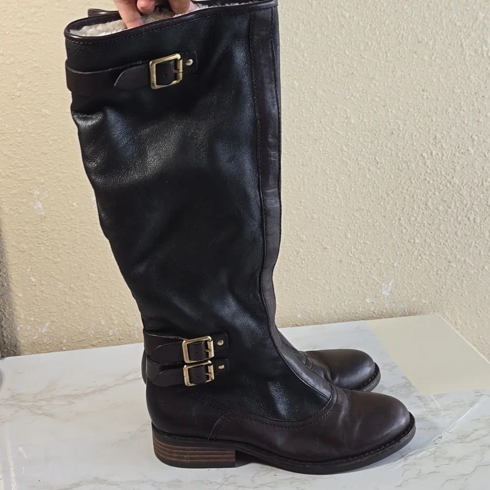 Vince Camuto Black and Brown Knee-High Boots with Buckle Detail